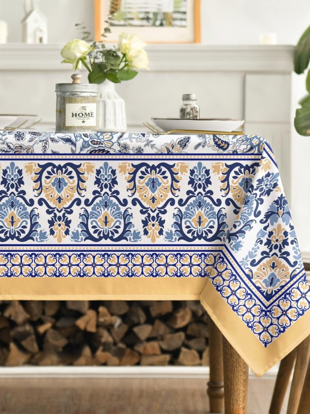 Horaldaily Arabesque Rectangular Tablecloth 60x84 Inch, Yellow and Blue Floral